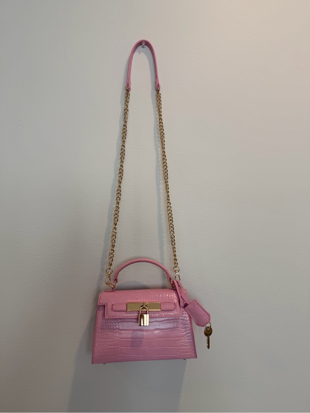 Aldo Pink Croc-Embossed Mini Top-Handle Bag with Gold Chain